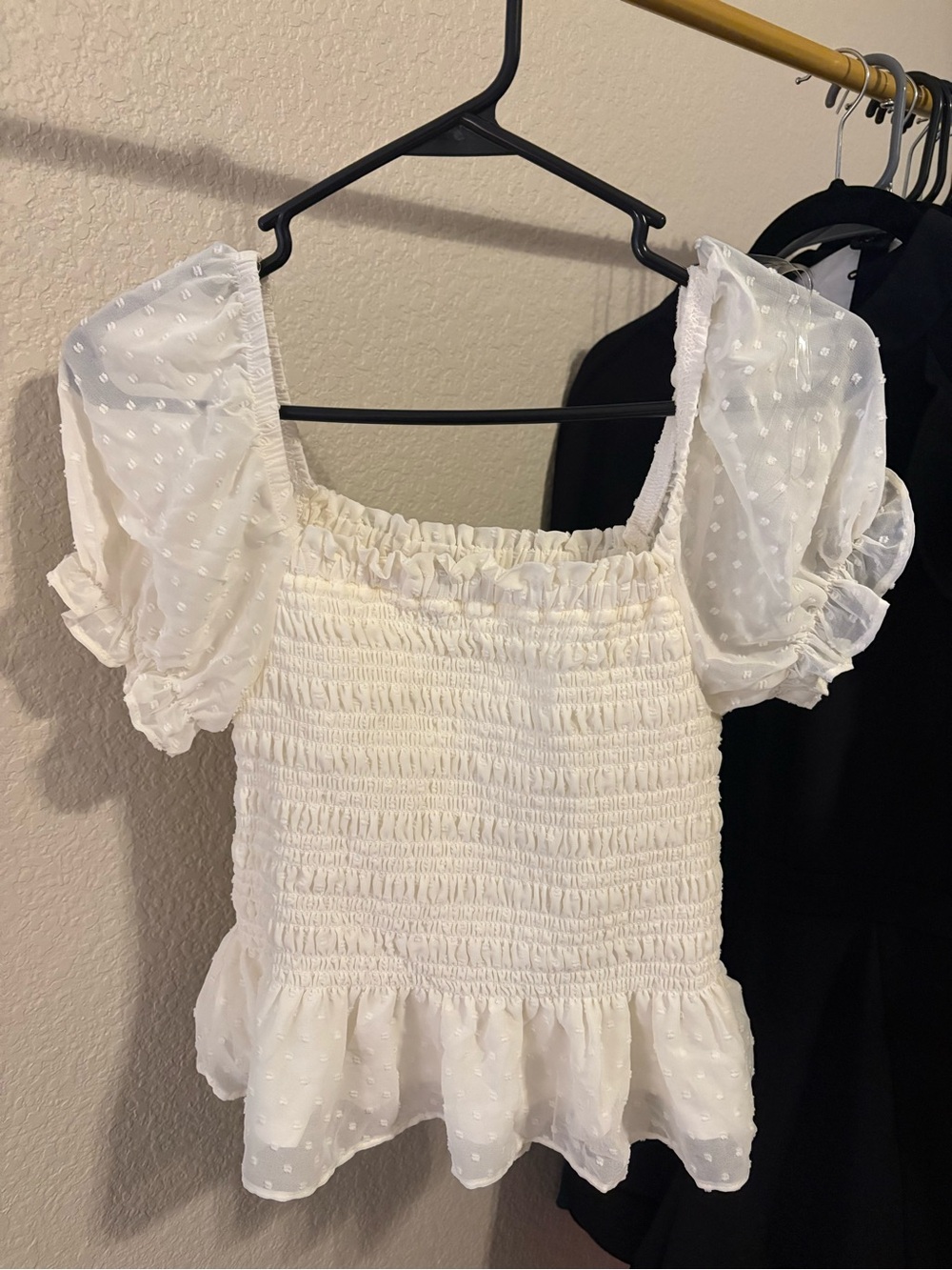 Moa Moa White Swiss Dot Smocked Puff Sleeve Peplum Top